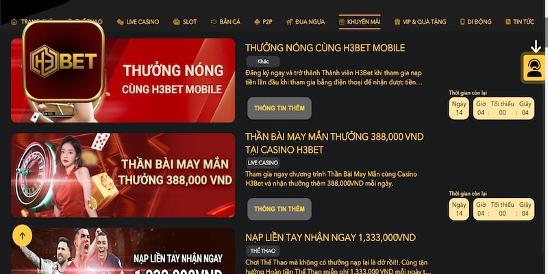5+ khuyến mãi H3bet hot nhất