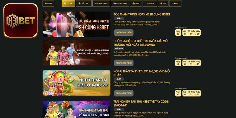 Cập nhật các sự kiện khuyến mãi đẳng cấp có tại thương hiệu H3bet